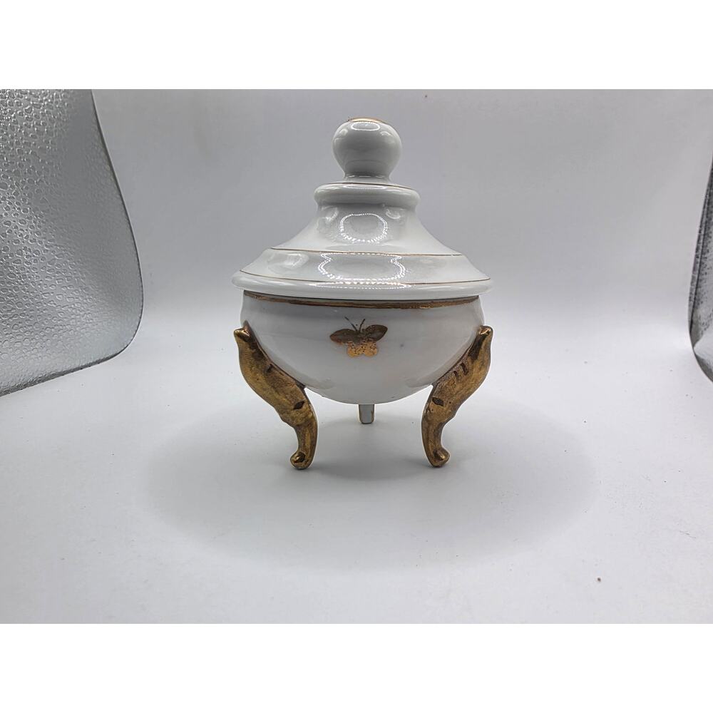 Vintage White Porcelain Trinket Box Gold Butterfly Footed Lidded Dish Decor Bowl